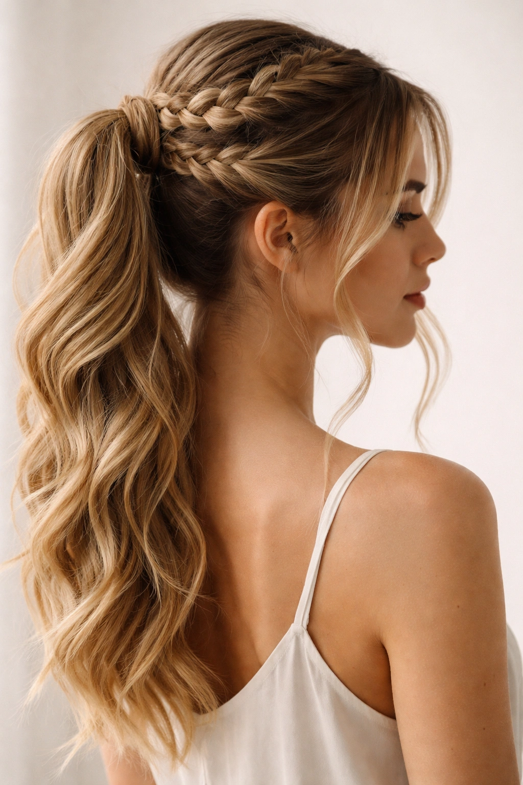 Braided ponytail with face-framing strands softly framing the face