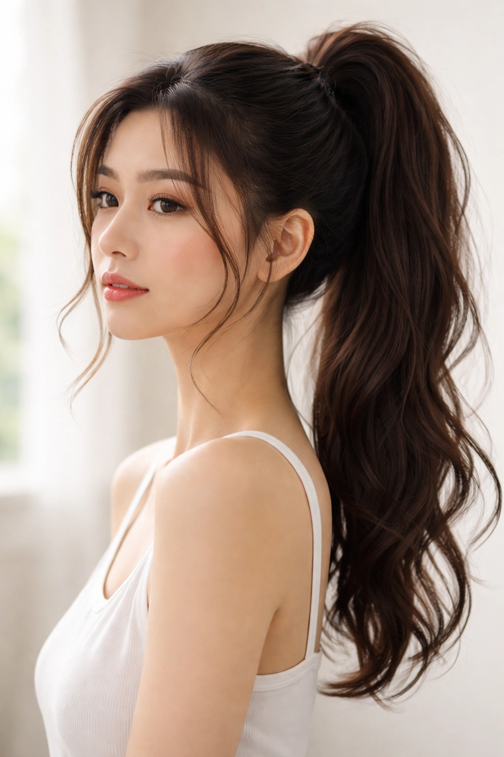 High ponytail with face-framing loose pieces around the temples