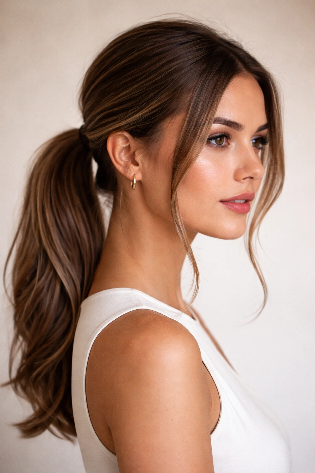 Low ponytail with two face-framing pieces framing the face