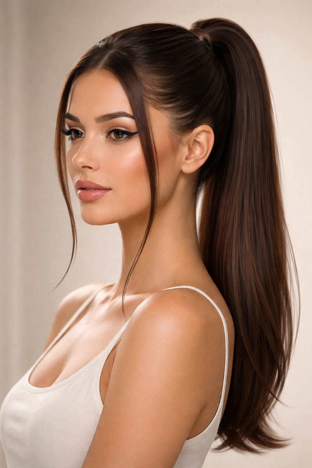 Portrait of a model with a sleek high-to-mid ponytail and face-framing strands in studio lighting