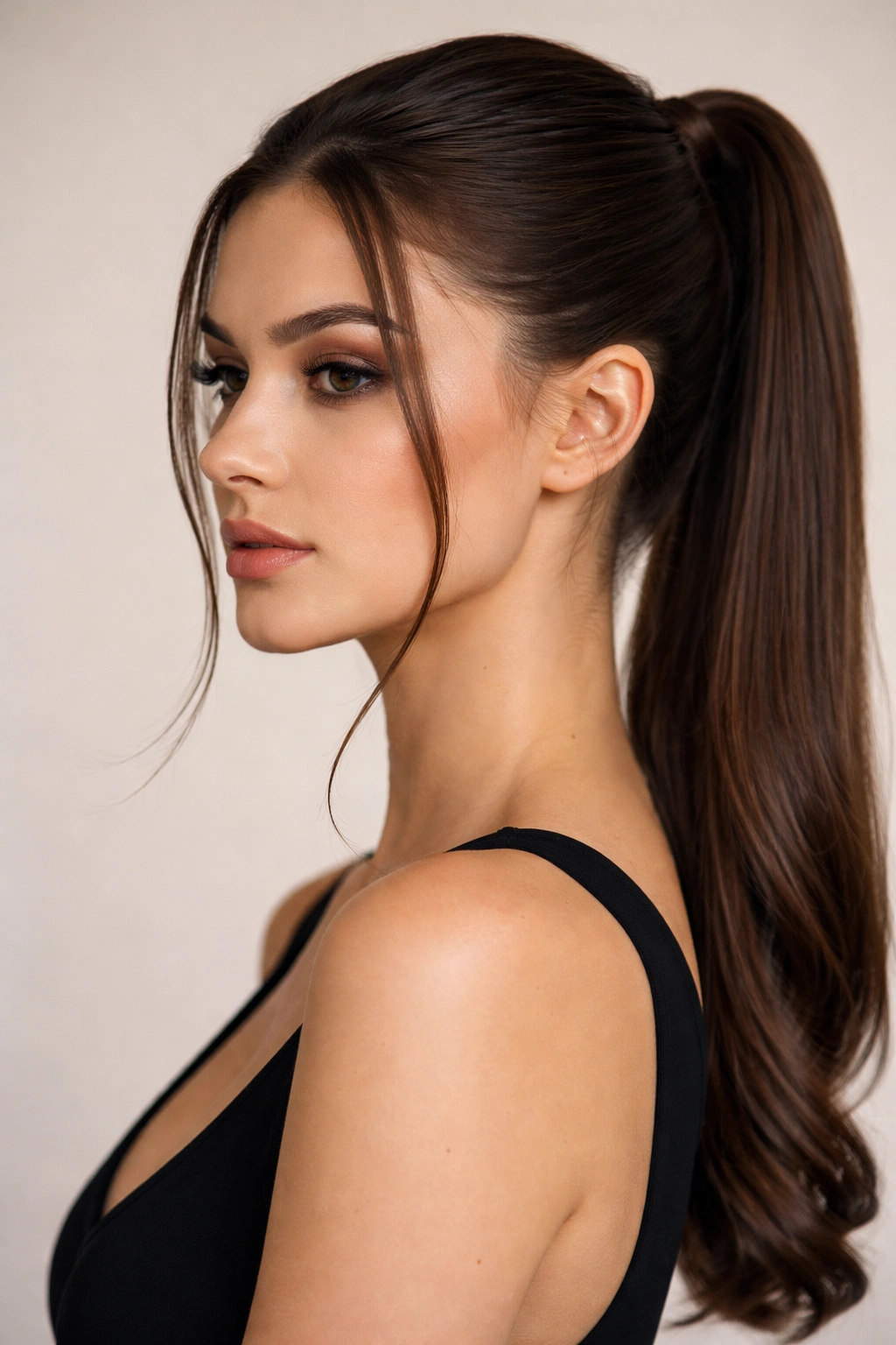 Sleek ponytail with two wispy face-framing strands