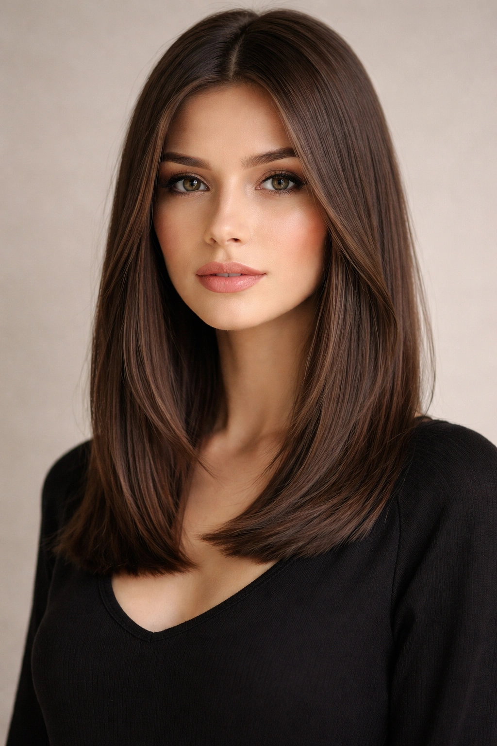 Portrait of straight midi with face-framing ribbons around the face.