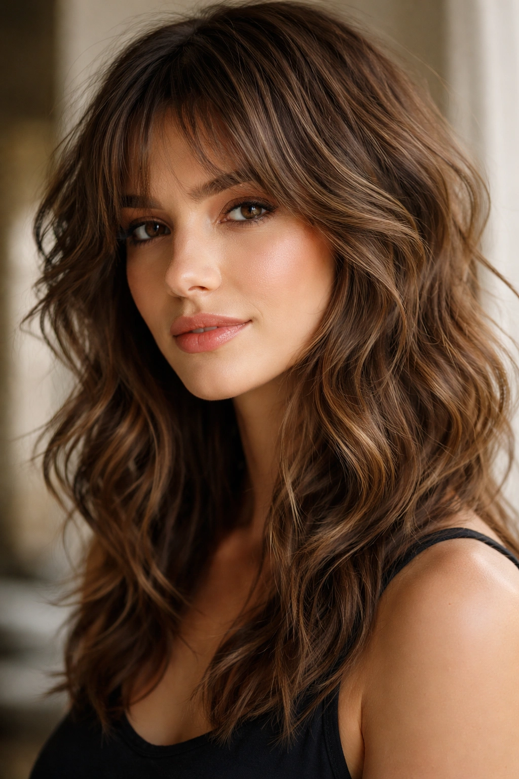 Portrait highlighting face-framing wavy shag layers around the cheeks
