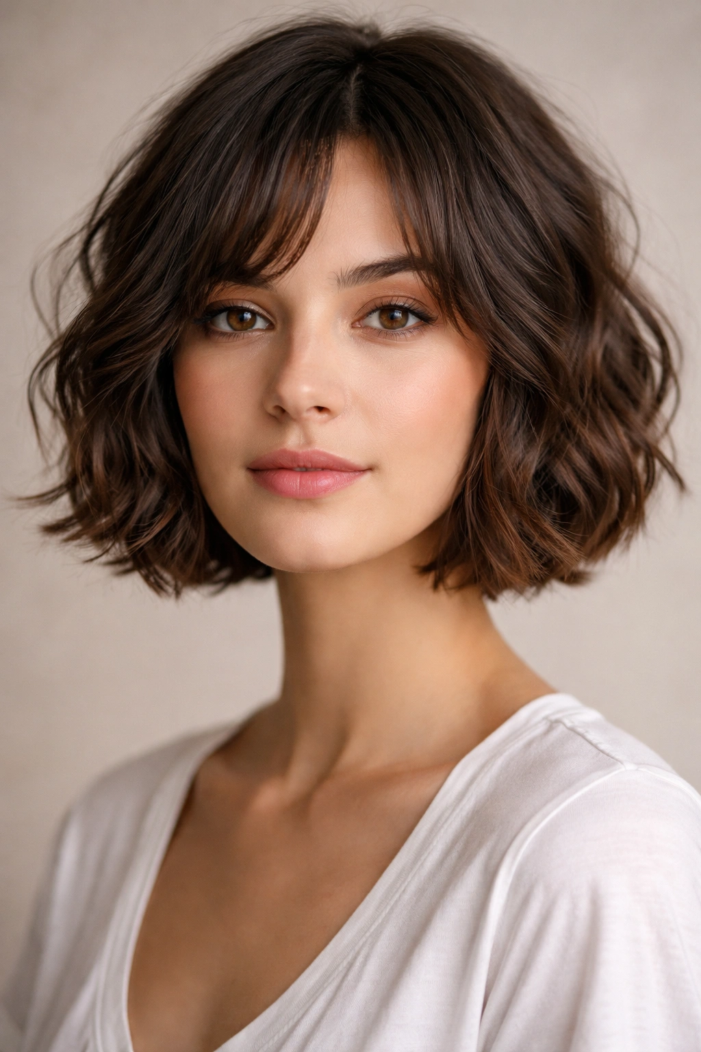 Face-framing shorter wavy bob with back length at the neck.