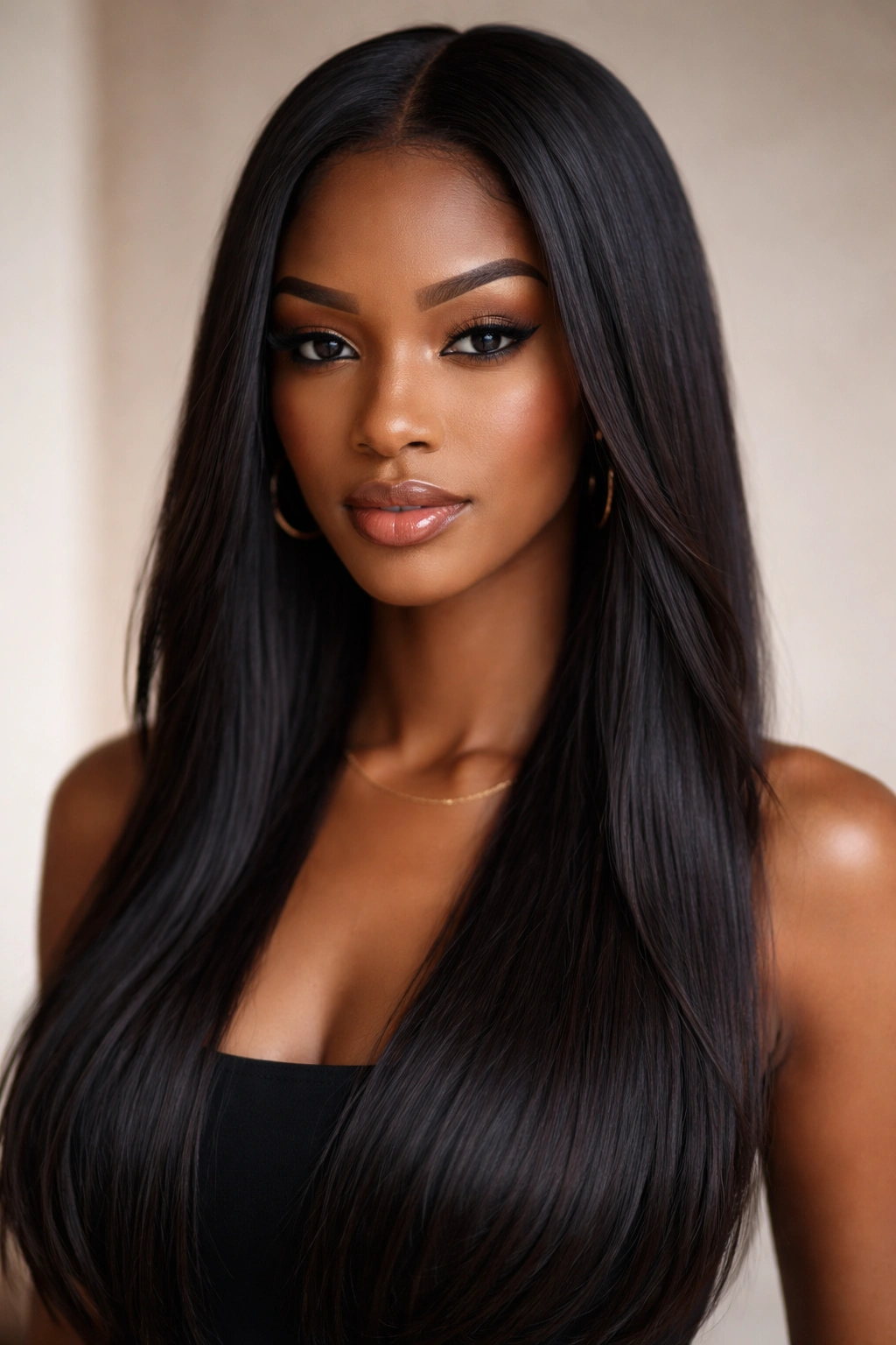 Straight hair with subtle face-framing pieces near temples