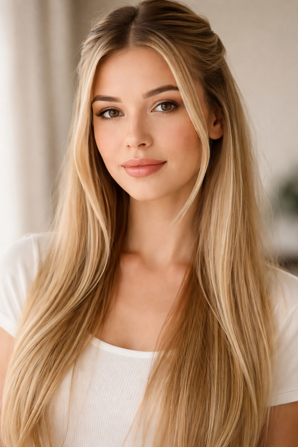 Face-framing strands in straight hair pulled back at crown