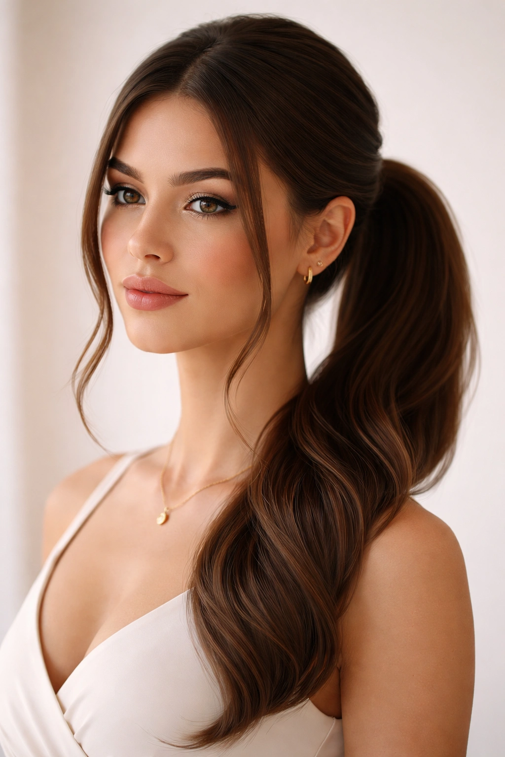 Side ponytail with face-framing strands framing the face.