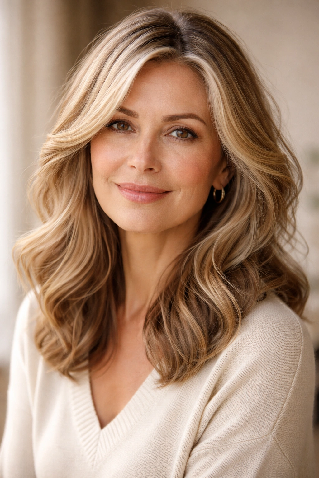 Medium-length hair with long face-framing pieces in waves