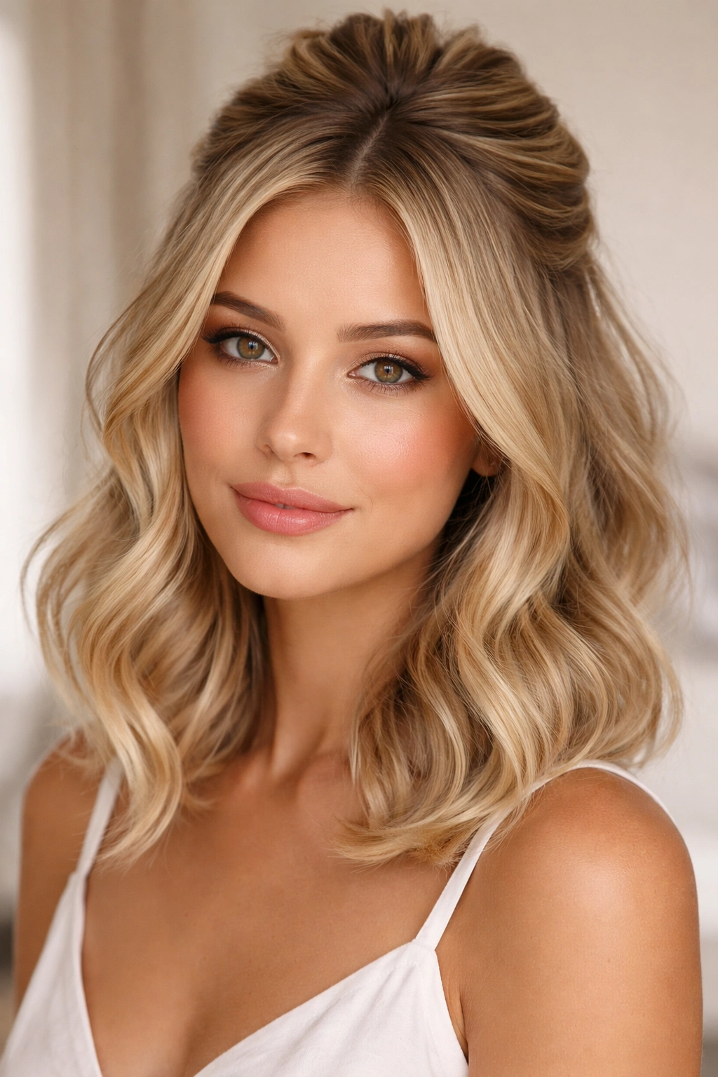 Blonde bob half-up with face-framing waves around the face