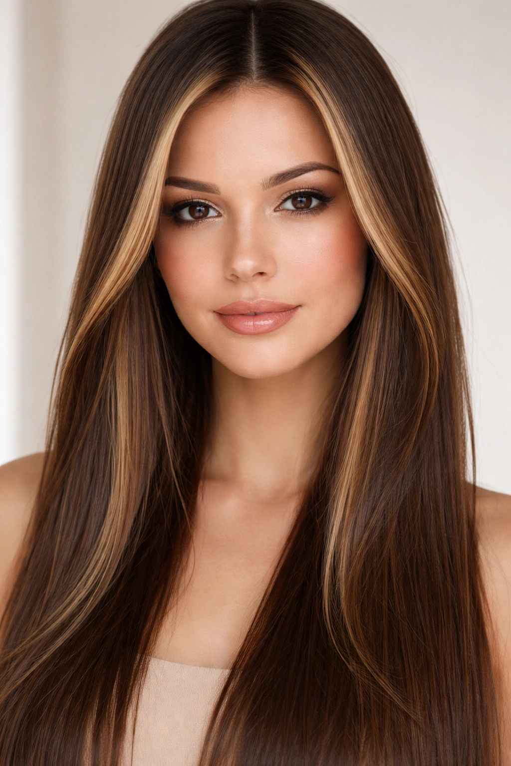 Close-up of straight brown hair with lighter face-framing highlights along the hairline