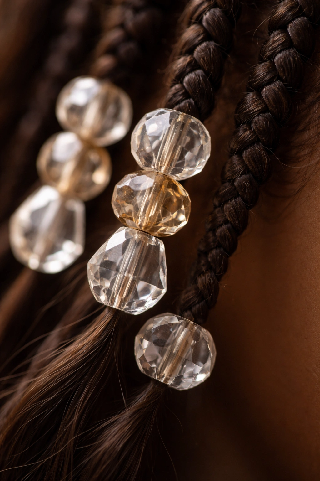 Faceted crystal beads on a Fulani braid.