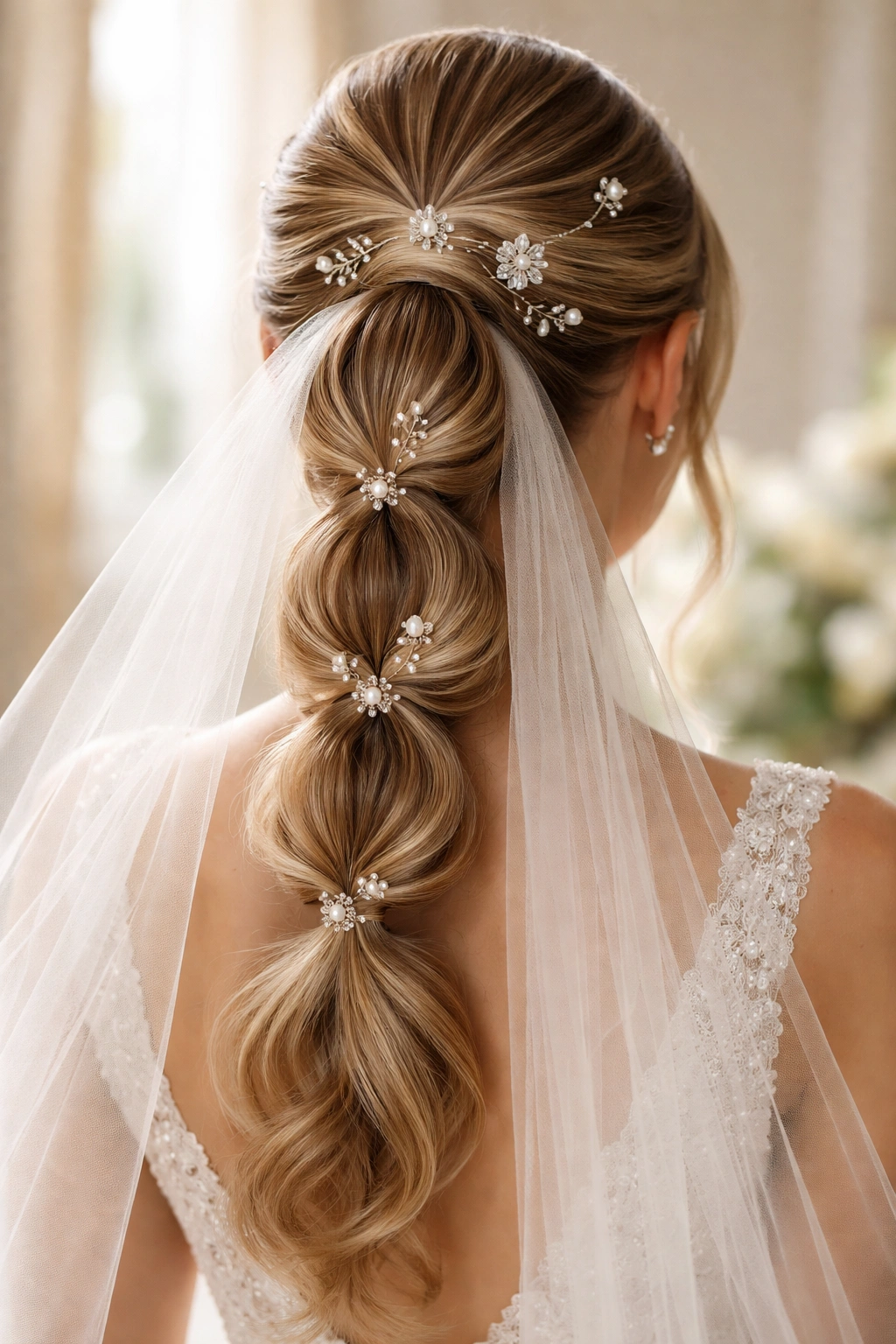 Back view of faceted ponytail showing multiple facets and hair pins