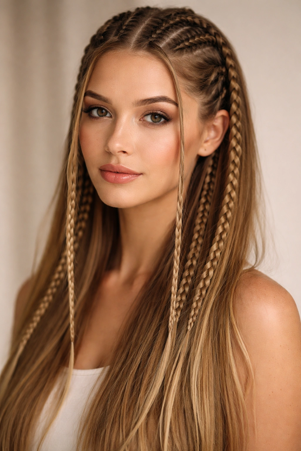 Facial-framing braids highlighting delicate front braids on straight hair.