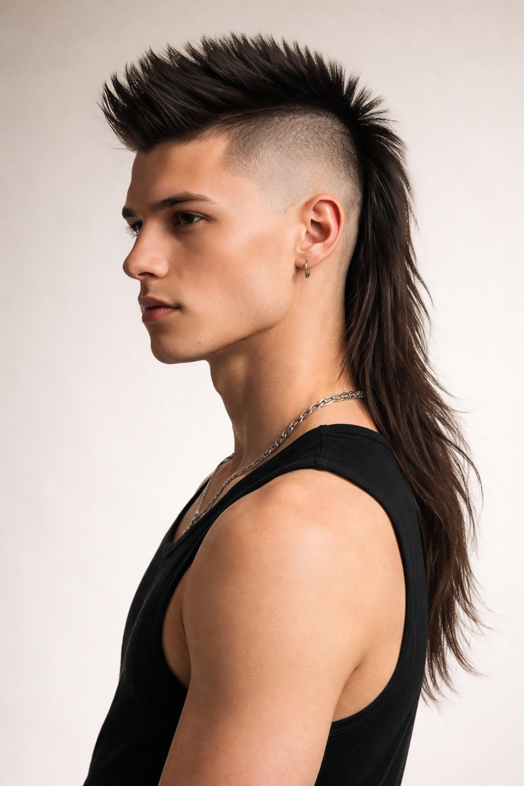 Faded mohawk mullet with center Mohawk strip and long back on straight hair