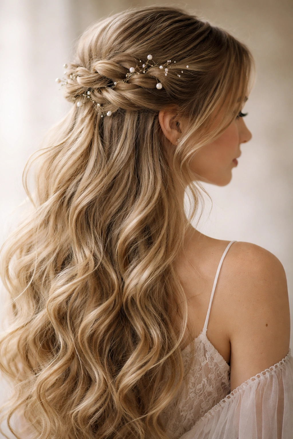 Close-up of a fairy-inspired half up half down hairstyle with twists and pearl pins
