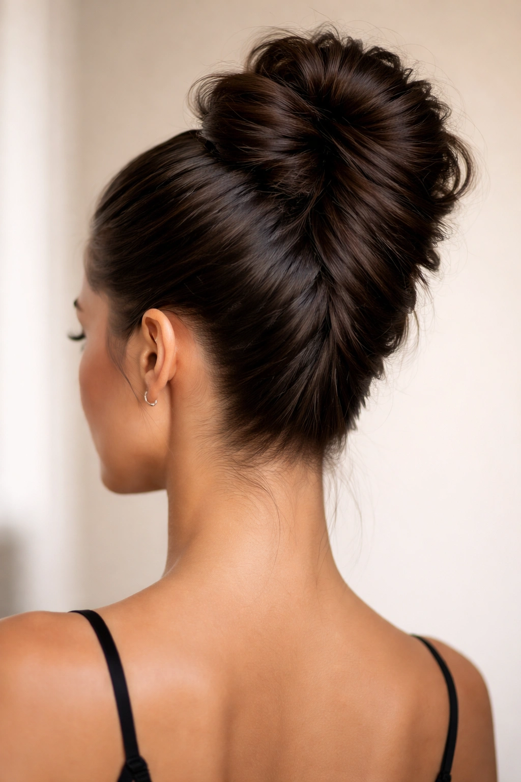 Center bun with high volume and sleek sides on straight hair