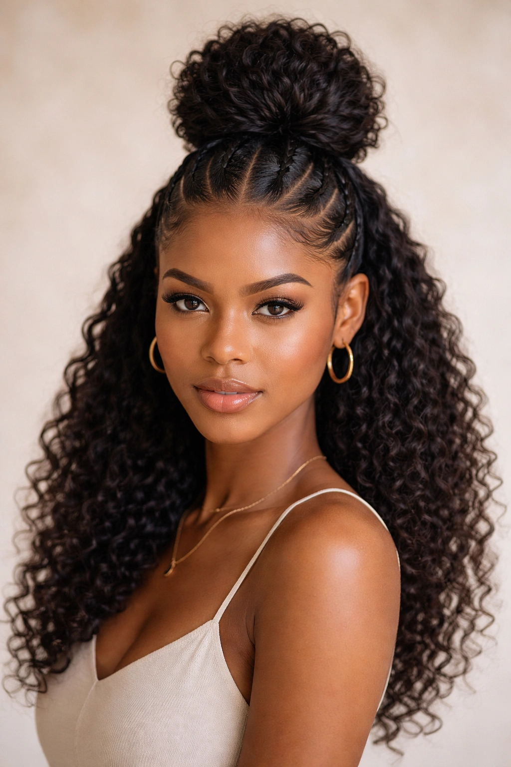 Bold faux hawk half-up bun with two side braids framing a high central bun.