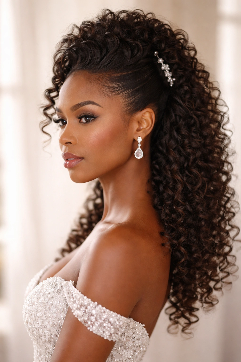 Close-up of faux hawk half-up with defined curls