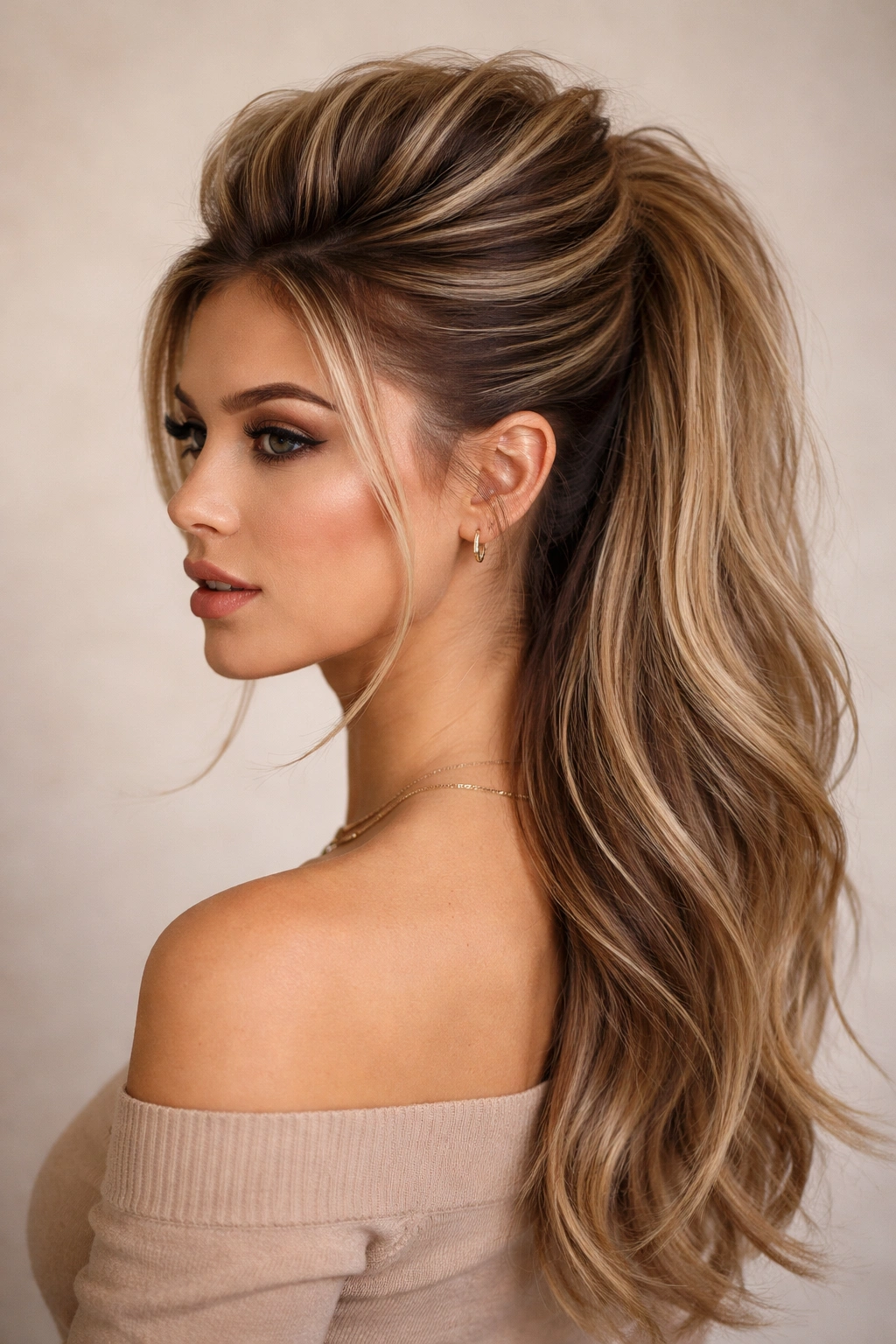 Teased crown with a high faux hawk half-up hairstyle