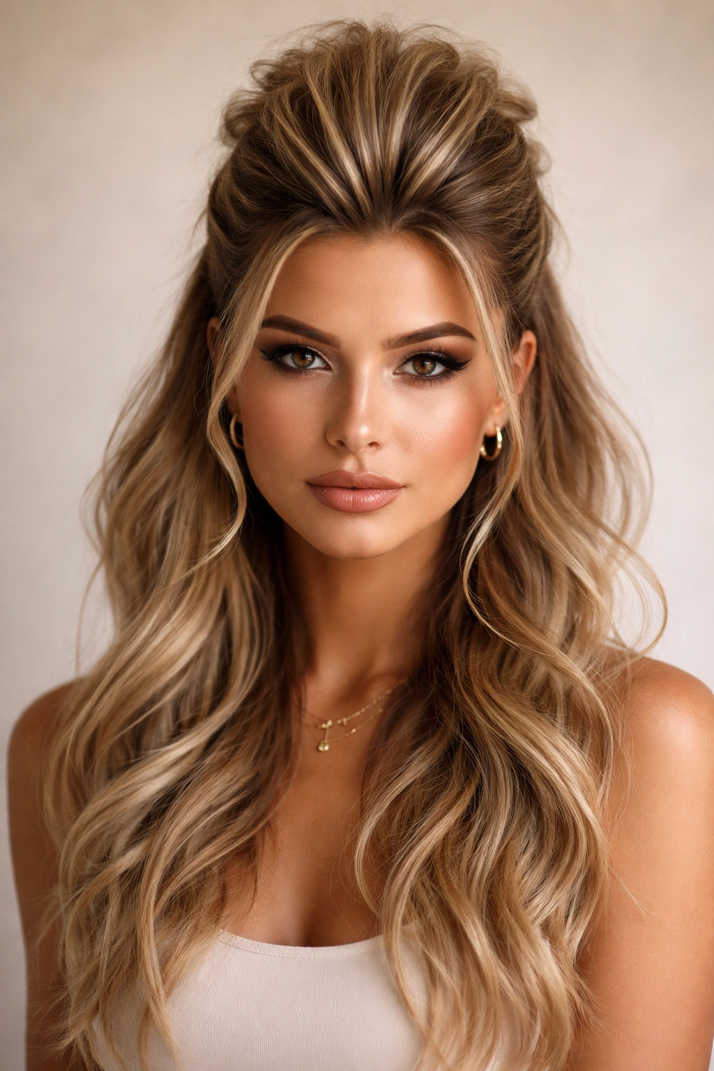 Center-teased faux hawk half up half down hairstyle