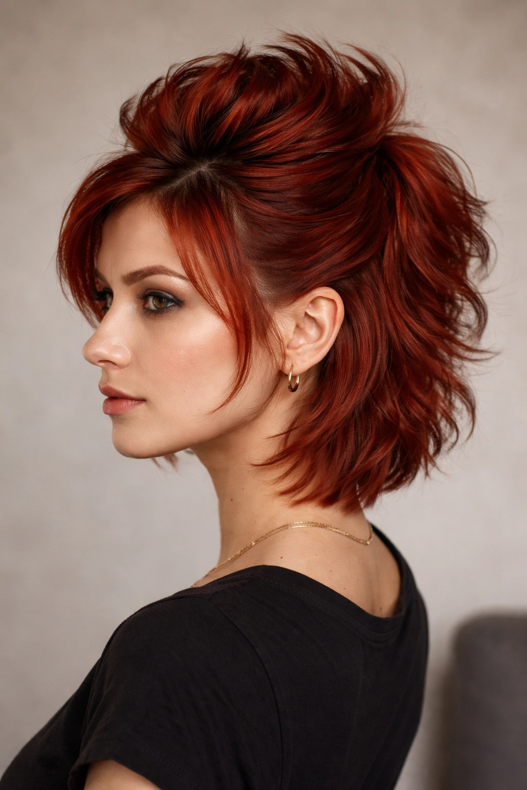 Short red hair styled into a faux hawk half-up with height at the crown