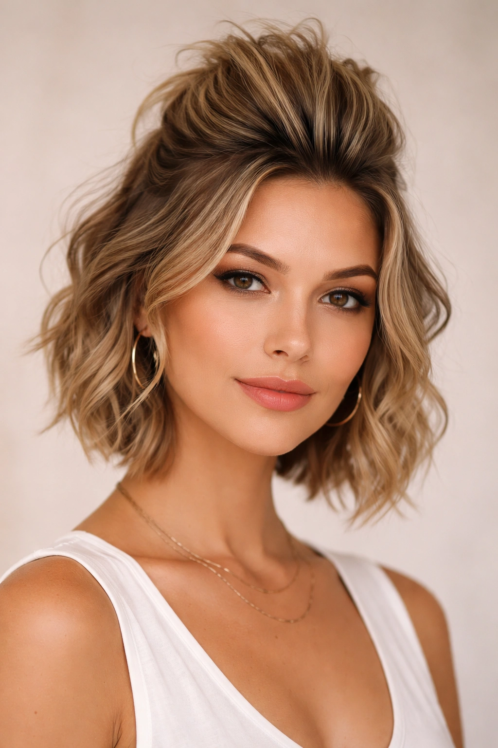 Short wavy hair styled into a faux hawk half-up with volume at the crown