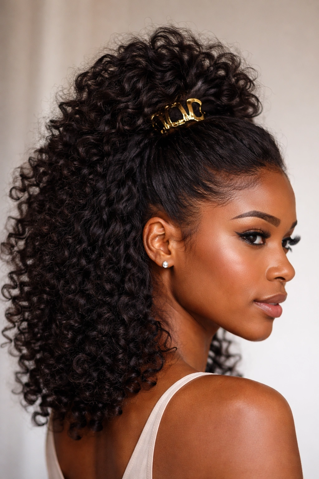 Close-up of natural hair styled in a sculptural faux hawk half-up with a crown clip