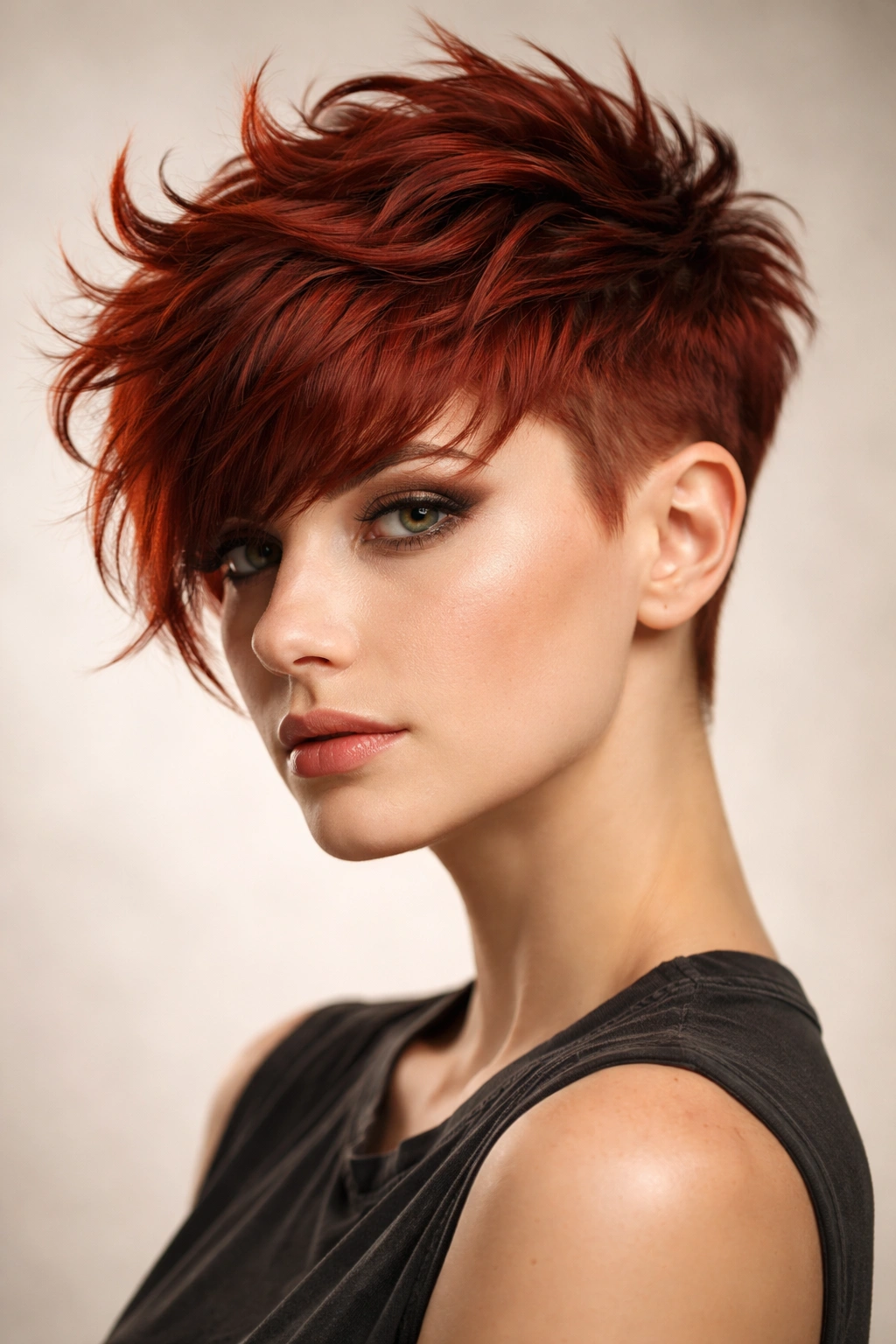 Close-up portrait of a model with faux hawk pixie bangs showing short sides and textured top