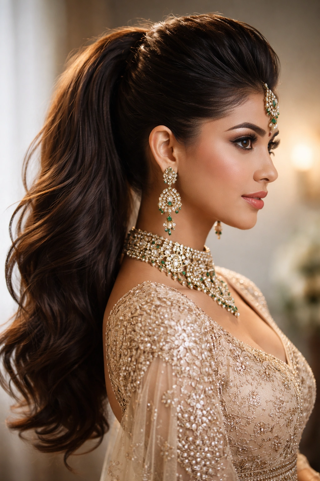 Faux hawk ponytail with an elevated crown for modern bridal style.