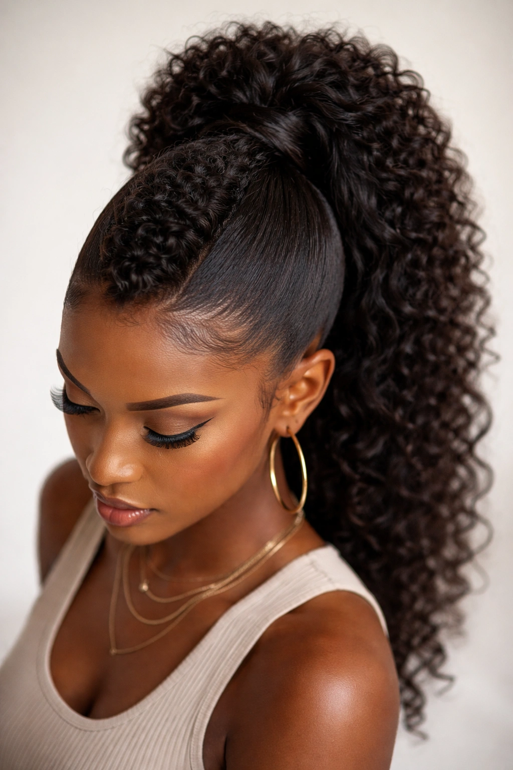 Central voluminous faux hawk strip with high ponytail and sleek sides