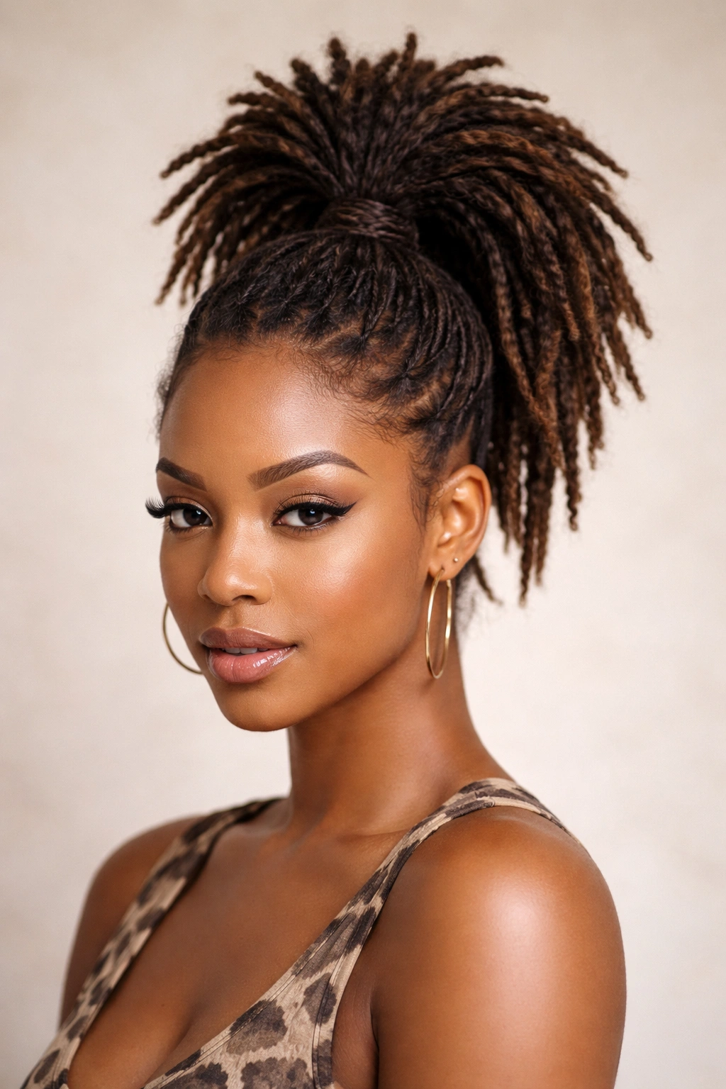 High ponytail atop a teased crown giving a voluminous look to short locs