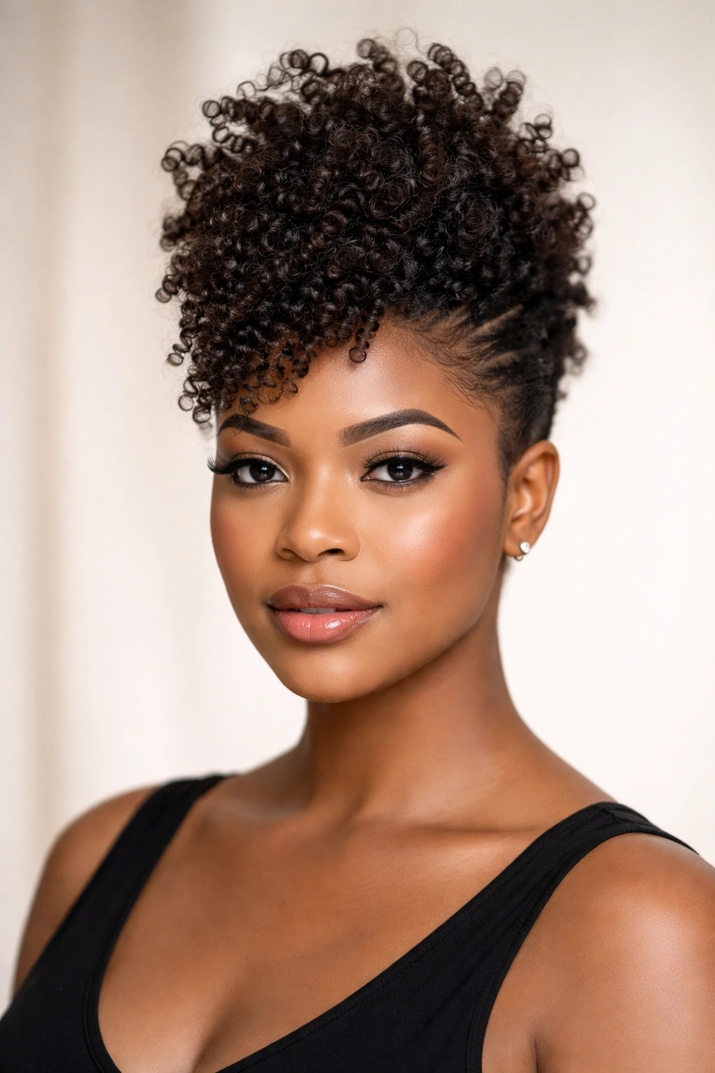 Coily faux hawk with sculpted sides and central coil ridge
