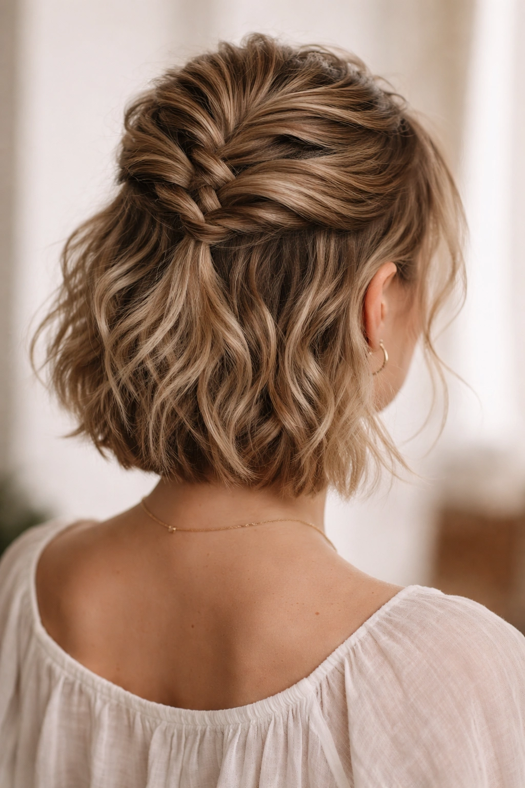 Short hair styled into a subtle faux hawk with twists converging at the back