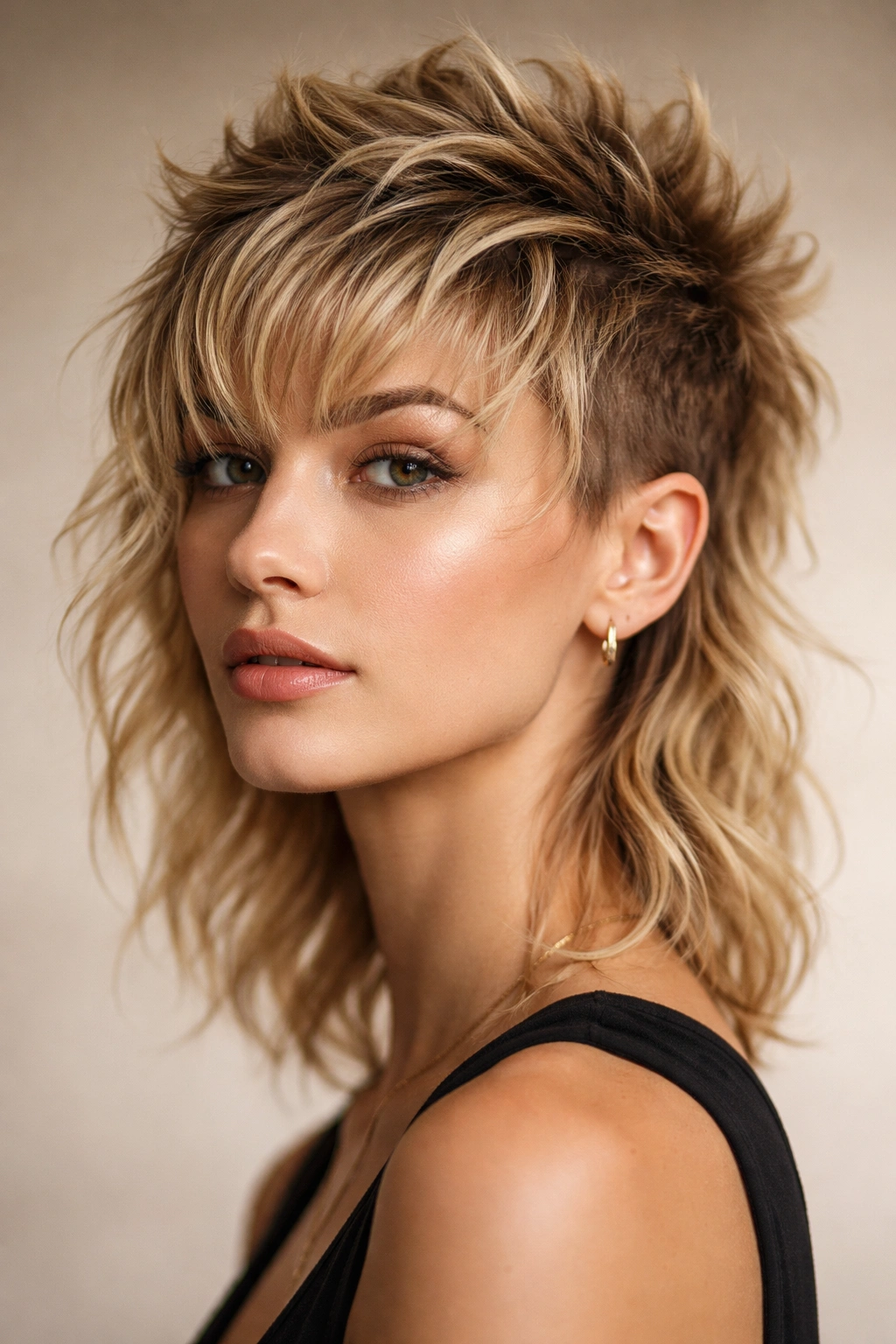 Faux hawk with textured bangs on wavy blonde hair in a studio portrait