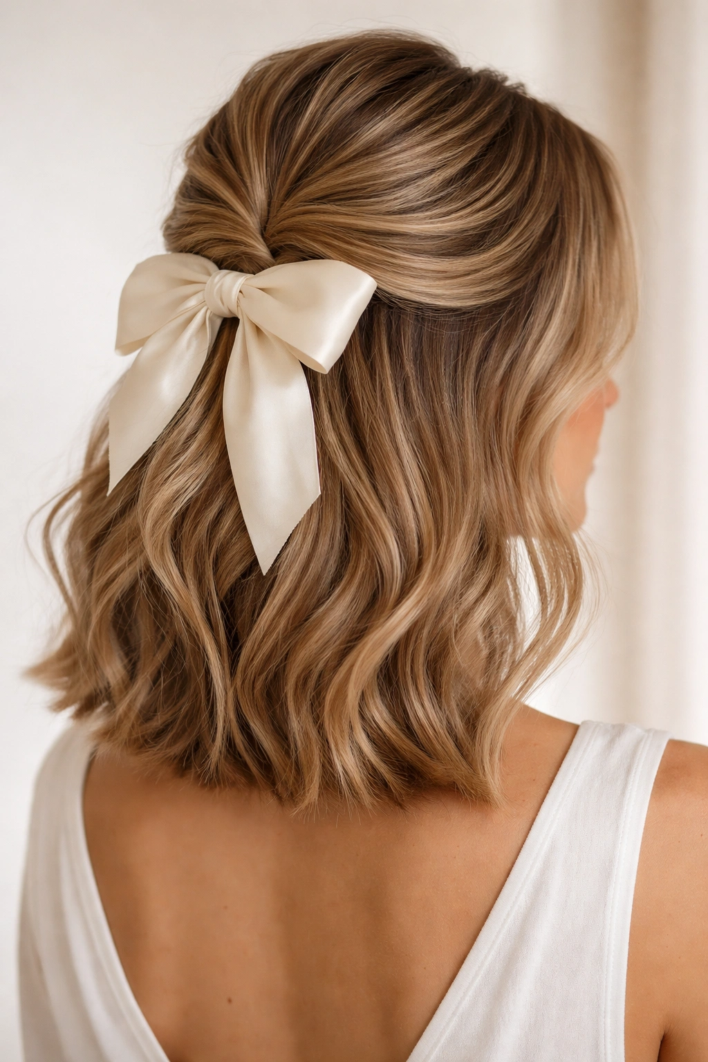 Close-up of faux lob half-up bow hairstyle with crown volume and low bow