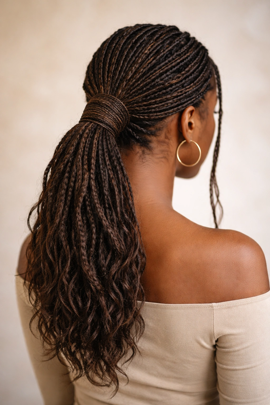 Back view of faux locs gathered into a low ponytail at the nape
