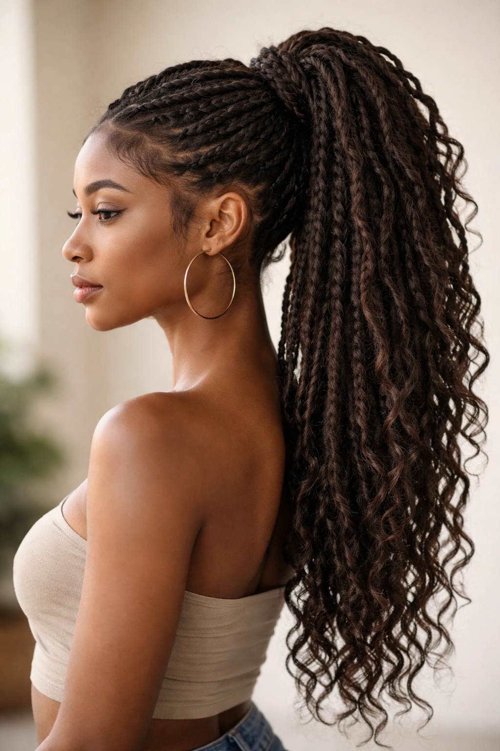 Ponytail made of chunky faux locs with textured appearance