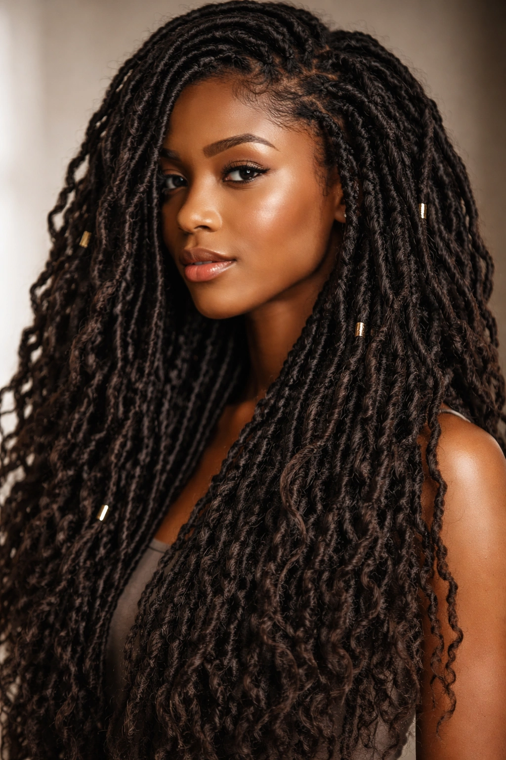 Close-up of faux locs on 4C hair with wrapped extensions