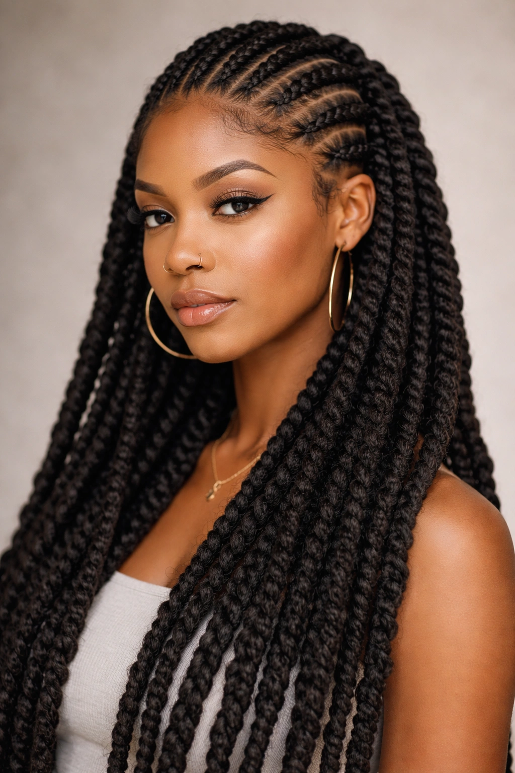 Close-up of thick faux locs-style box braids with straight-back cornrows on a model