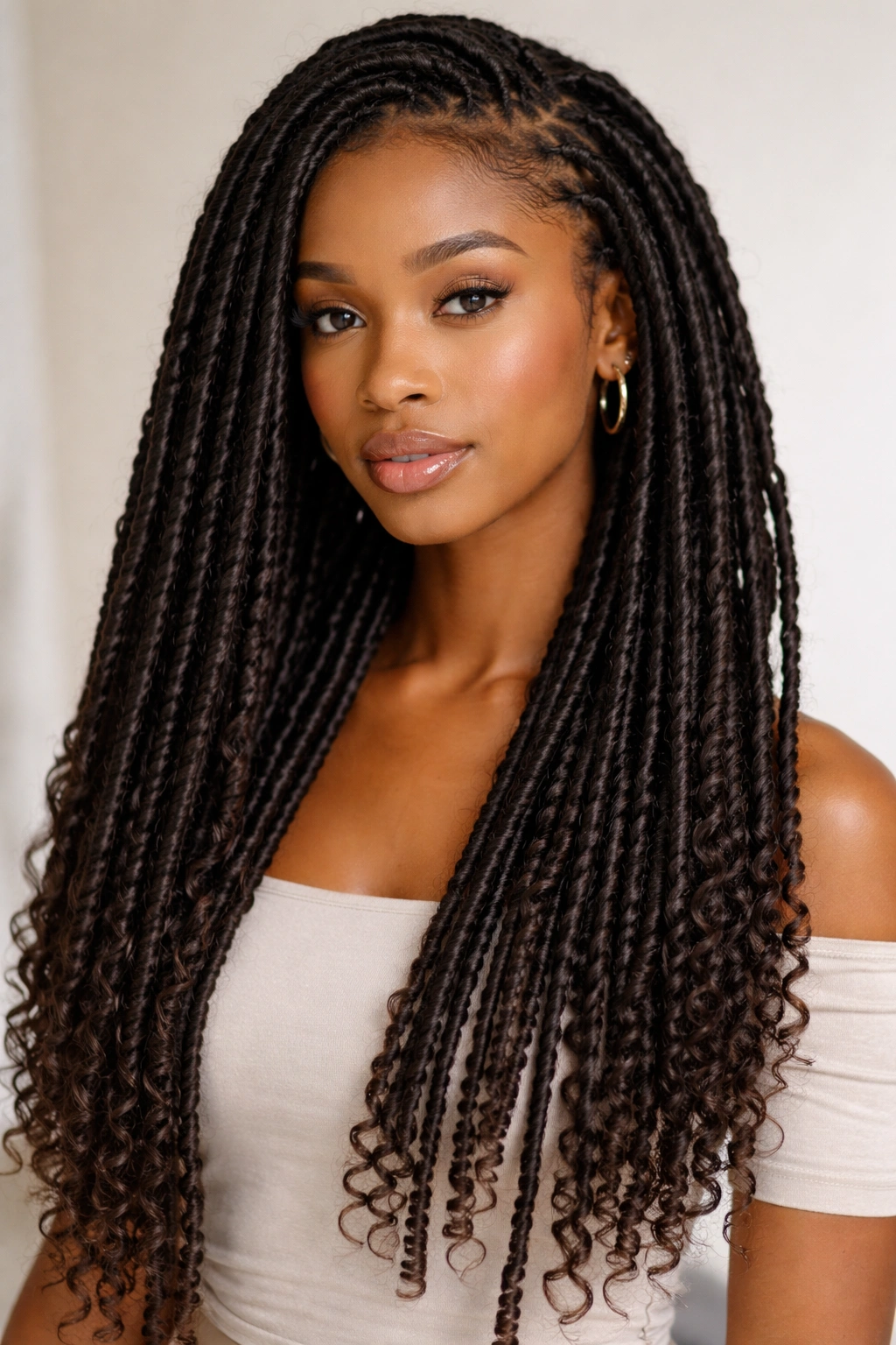 Full-head faux locs on coily hair with a clean studio background