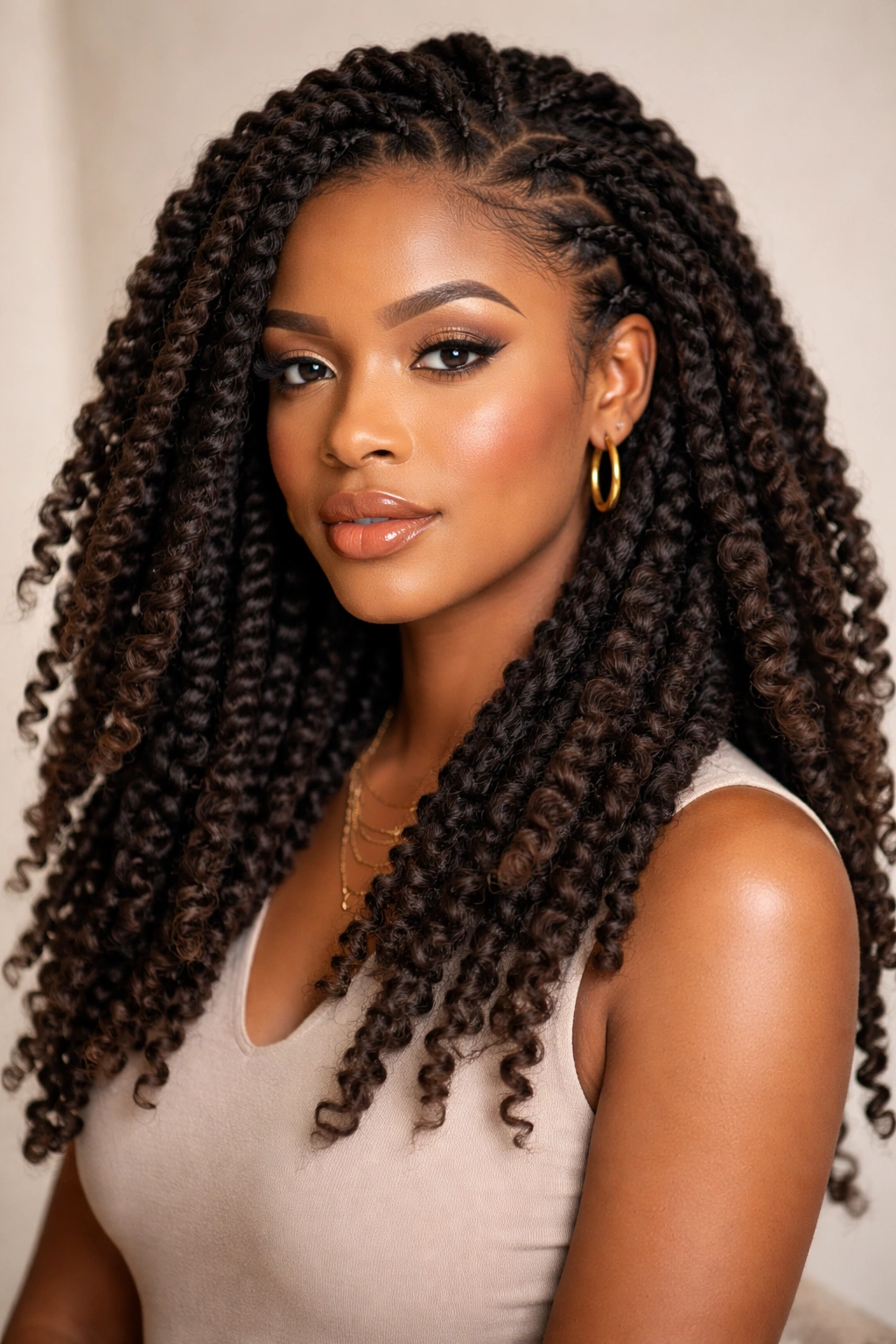 Full-head view of chunky faux locs created from coily hair with rope-like texture