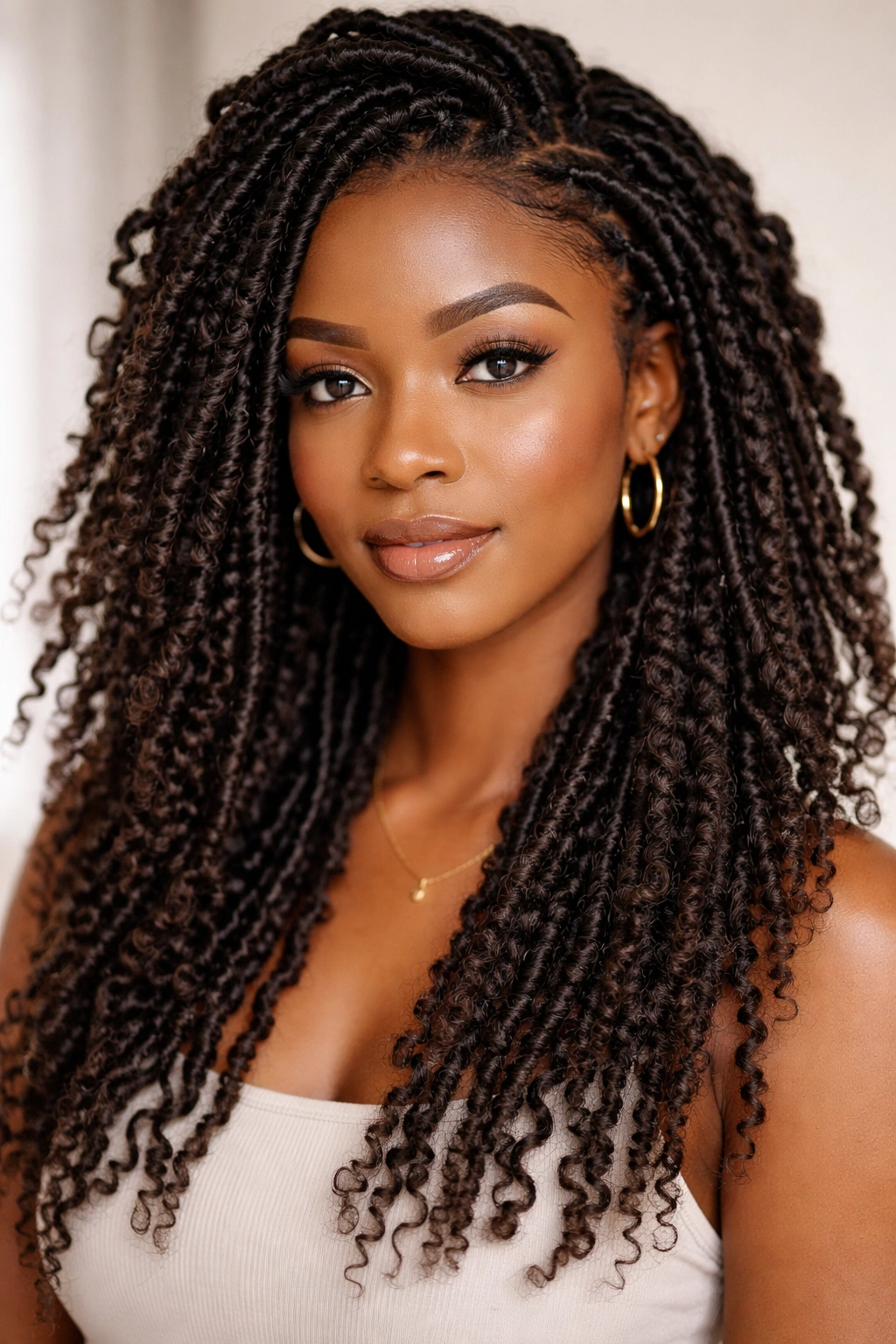 Portrait of faux locs blending with natural coils in a head-and-shoulders shot