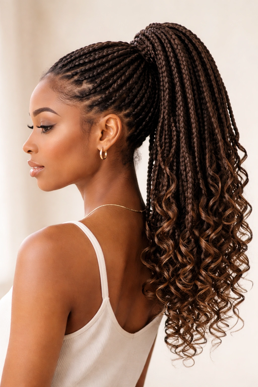 Close-up of faux locs crochet ponytail with curly ends and textured finish