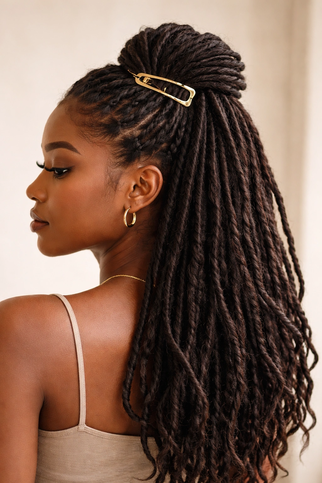 Close-up of faux locs half-up with a minimalist claw clip at the crown