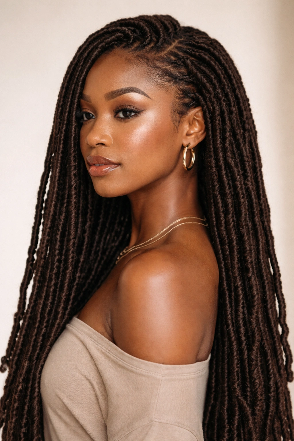 Profile of person with long faux locs in protective style