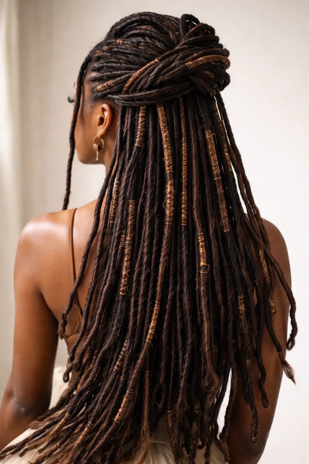 Faux locs arranged in waterfall style with wrapped sections.