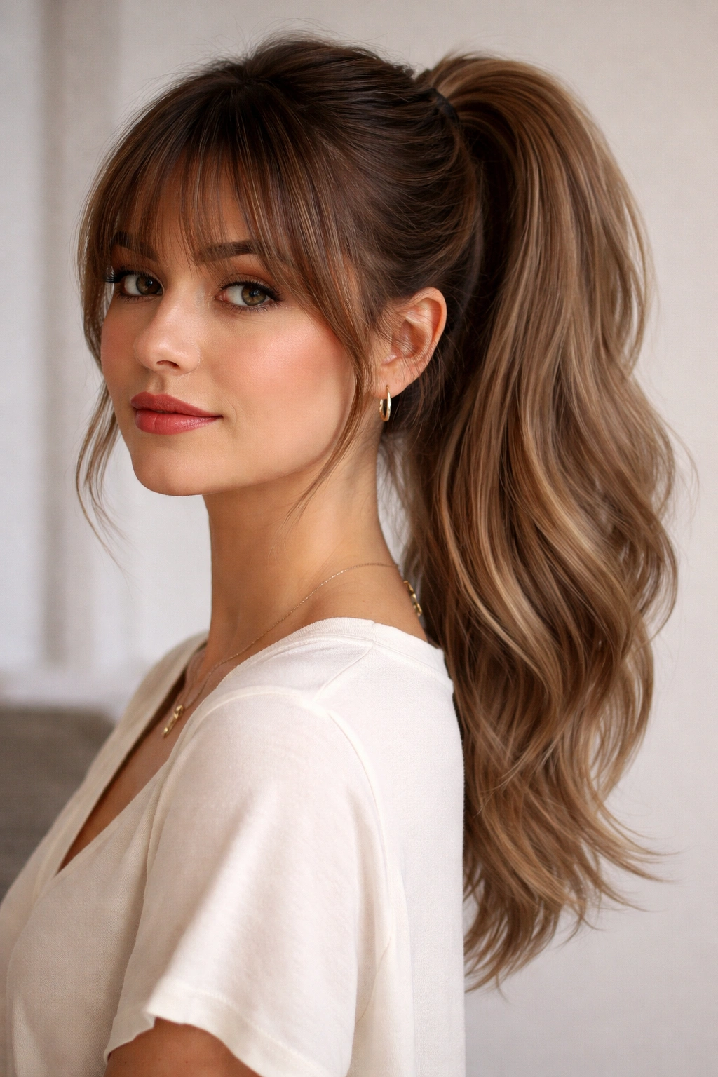 Short-haired model with bangs wearing a faux longer ponytail extension