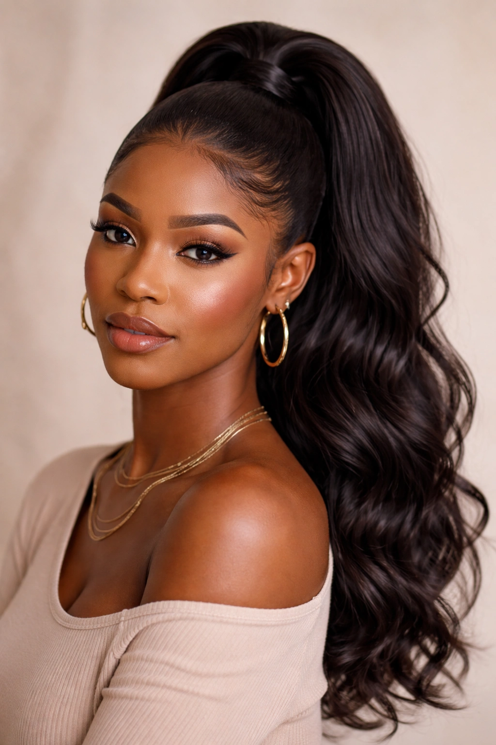 Close-up of a Black woman with a voluminous faux ponytail under studio lighting