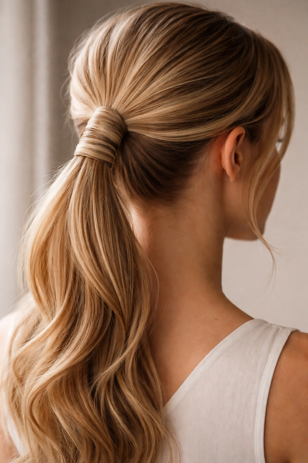 Ponytail base with faux wrap-looking segments secured by pins