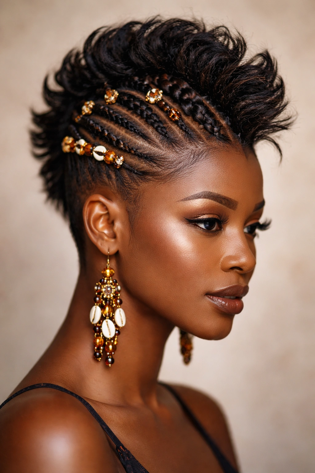 Close-up of faux hawk crown with geometric braids and beads on short Igbo-inspired hairstyle